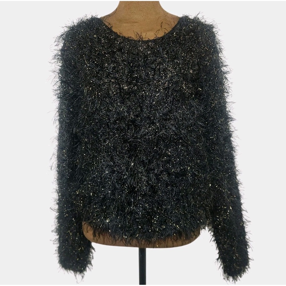 Vintage Yarnworks Sweater Size M Women's Black Gold Metallic Fuzzy Cropped